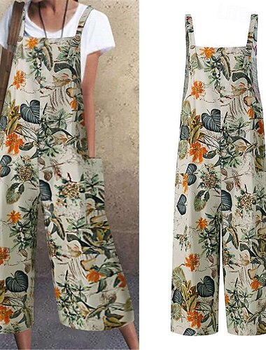  dam normal linneinspirerade jumpsuits dungarees byxor streetwear blommig ärmlös u-ringad ficka tryck street daglig normal passform gul ljusgrön röd sommar