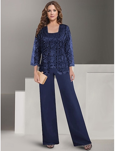  Hosenanzug Brautmutterkleid Hochzeitsgast Elegant Quadrathals Bodenlang Polyester Spitze Langarm mit Einfarbig 2025