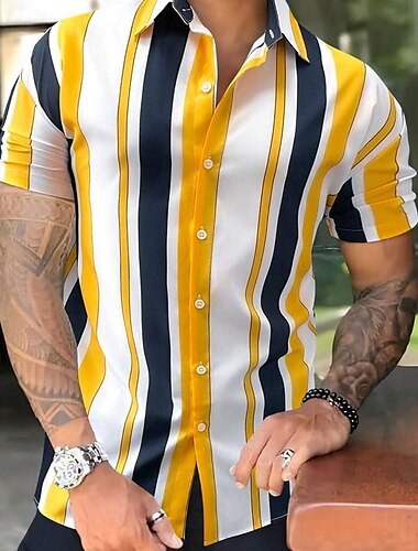  Herren Hemd Sommerhemd Freizeithemd Strandhemd Knopfhemd Hellgelb Schwarz Gelb Rote Kurzarm Druck Revers Urlaub Hawaiianisch Bekleidung Polyester Mode Lässig Bequem