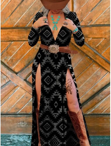 Robe boho femme robe western robe maxi vintage robe évasée robe d'été décontractée quotidienne ajustement régulier graphique floral à manches longues col en V noir été