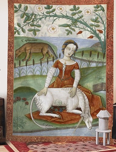  Tapestry Medieval Tapestry da Idade Média Arte Gótica Grande Mural Fotografia Fundo para Decoração de Casa Quarto Sala de Estar Fauna castor licorne. Flora églantier