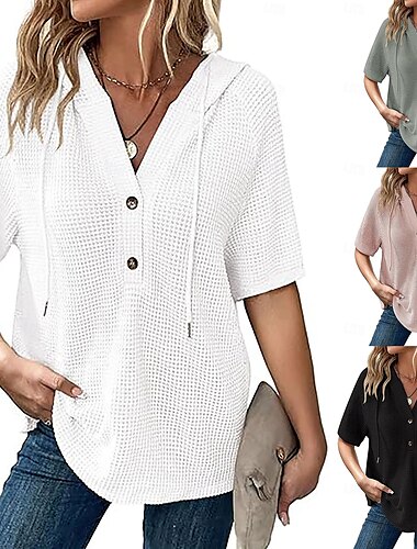  Dam Blus Slät Grundläggande Modern Kortärmad V-hals Vanliga toppar Dagligen Knappar Svart Vit Rodnande Rosa Rubinrött Marinblå Sommar