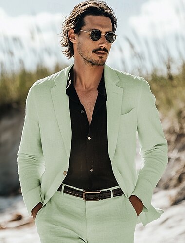  Herren Casual Sommer Hochzeits Leinenanzüge Himmelblau Salbeigrün Täglich Leicht Einfarbiger Standard Fit 2-Teilig Einreiher Ein-Knopf