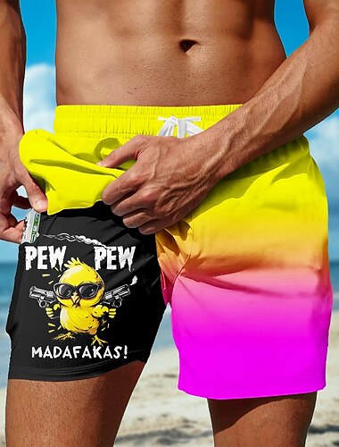  Herren Küken Lustig Farbverlauf Gefütterte Shorts 2 in 1 Badeshorts Badeshorts Mittlere Taille Hawaiianisch Urlaub Strandbekleidung Seitentaschen Mit Kompressionsfutter Elastischer Kordelzug in der