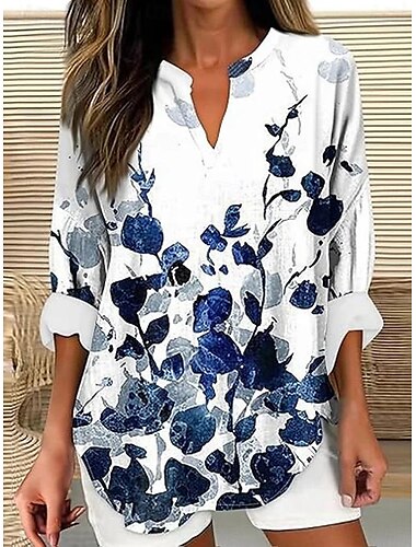  Damen Bluse Blumen Grafik Elegant Vintage Täglich Langarm V Ausschnitt Normale Oberteile Täglich Ferien Strandbekleidung Druck Weiß Rosa Blau Staubiges Blau Purpur Sommer Frühling