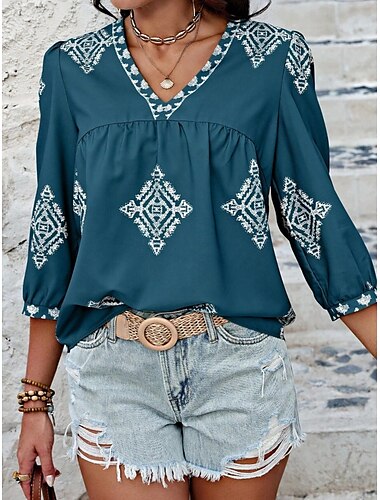  Damen Bluse Geometrisch Bohemien Lässig Dreiviertelarm Puffärmel V Ausschnitt Normale Oberteile Täglich Druck Rosa Marineblau Purpur Grün Sommer Frühling