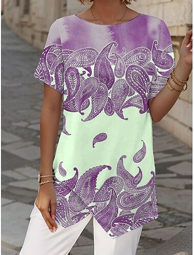  Dames Blouse Grafisch Paisley Dagelijks Stijlvol Korte mouw Strakke ronde hals Boothals Normale tops Dagelijks Afdrukken blauw Paars Groen Zomer