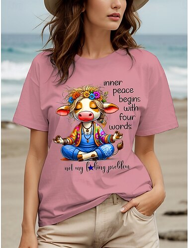  女性用 Tシャツ グラフィック 牛 レタード カジュアル トレンディー 半袖 クルーネック ラウンドネック レギュラートップス 日常 プリント ピンク パープル グリーン 夏