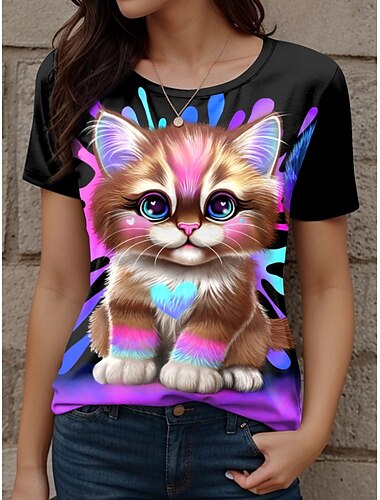  T-shirt femme Lil Kitty par Sheena Pike, motif animal, vintage, élégant, classique, manches courtes, col rond, imprimé quotidien, noir, été