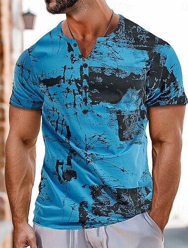 Herren Marmor T Shirt Henley Hemd Kurzarm Sport Mode Designer Lässig Täglich Outdoor Sommer Blau Henley Henley T-Shirt