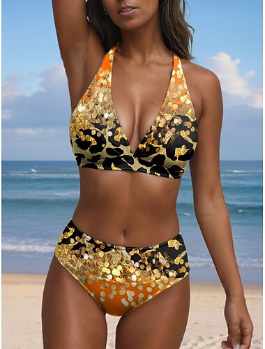  Damen Badeanzüge Bikini 2-teilig Cheeky Badeanzug Halter Vintage Sexy Ombre Grafik V-Draht Ärmellose Badeanzüge