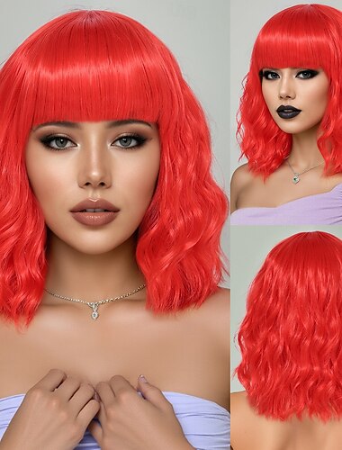  Synthetic Wig Wavy Water Wave Layered Haircut Neat Bang Machine Made Wig 14 inch A1 Synthetic Hair Women's Cool Classic Comfortable Red Multi-color
