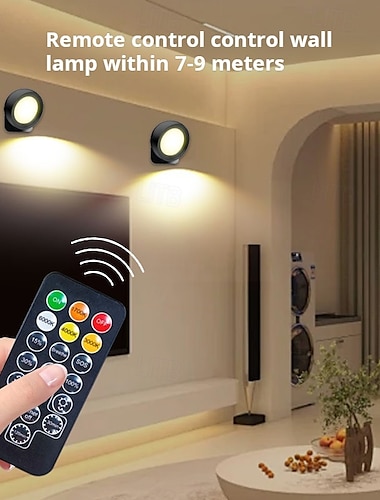  Lámpara de pared magnética recargable de 2 piezas con cuatro temperaturas de color ajustables, control remoto para lámpara de lectura giratoria, lámpara de pared de noche, lámpara mural