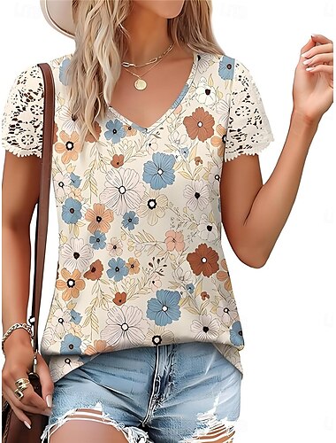  Damen Bluse Spitze Splicing Top Florale Blätter Stilvoll Lässig Kurzarm V-Ausschnitt Reguläre Oberteile täglich Spitzen Druck Gelb Blau Aprikose Sommer Frühling