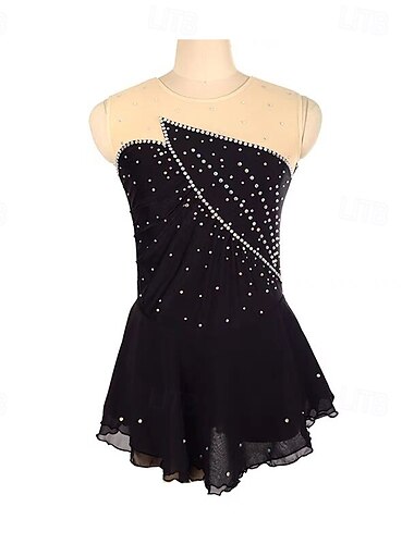  Eiskunstlaufkleid Damen Mädchen Eislaufen Kleid Schwarz Patchwork Daumenloch Netzstoff Spandex Dehnbar Training Übung Professionell Eiskunstlaufkleidung Thermowarm Kristall / Strass Langarm Eislaufen