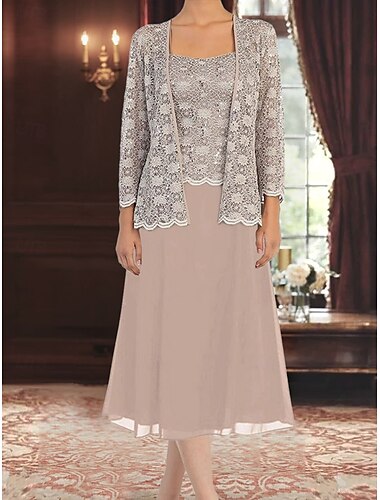  Ensembles de Robes Robe de Mère de Mariée  Élégant Simple Une Épaule Longueur thé Polyester manche longue avec Dentelle Couleur Unie 2025