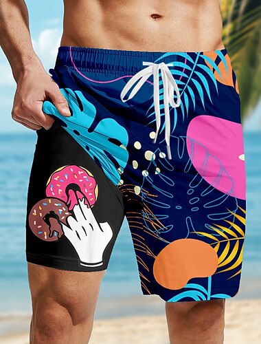  Herren Kokospalme Lustig Donuts Gefütterte Shorts 2 in 1 Badeshorts Badeshorts Mittlere Taille Hawaiianisch Urlaub Ferien Strandbekleidung Seitentaschen Netzfutter Mit Kompressionsfutter Designer