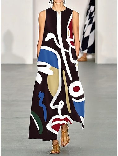  Damen Maxikleid A Linie Kleid Sommerkleid Urlaub Lässig Boho Täglich Ferien Lässiger Schnitt Grafik Abstrakt Ärmellos V Ausschnitt Weiß Rote Blau Sommer