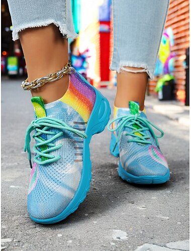  Zapatillas Flyknit arcoíris del mes del orgullo femenino: zapatillas para correr ligeras, coloridas y transpirables para eventos LGBTQ+, caminatas, fitness y estilo urbano informal.