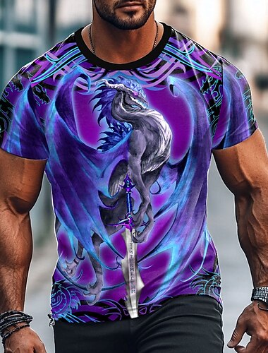  T-shirt manches courtes homme imprimé 3D, motif épée de dragon et lame de tempête, Ruth Thompson, col ras du cou, style exagéré, style streetwear, violet, été, printemps, toutes saisons, tailles S, M, L