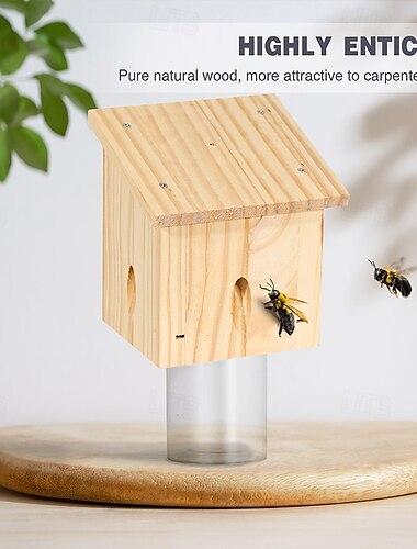  Houtbijenval voor buiten - natuurlijke hangende houten houtbijenval voor buiten - insectenvallen met afneembaar dak (1 verpakking)