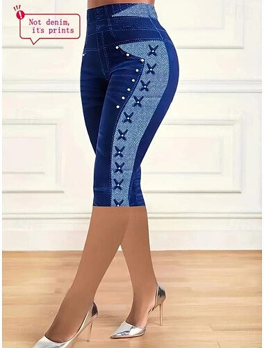  Leggings Capris pour femmes Haute élasticité Vacances Mode Vintage Longueur mollet Taille mi-haute Imprimé floral graphique Respirant Doux Élastique Vacances Décontracté Quotidien Bleu œuf d'oiseau