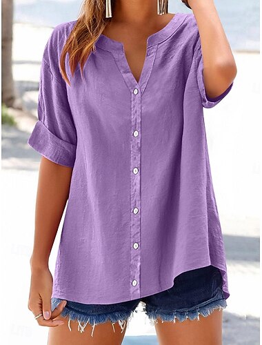  Dames Katoen Linnen Blouse Effen Kleur Elegant Casual Korte Mouwen V-hals Regulair Tops Dagelijks Vakantie Knopen Zwart Blauw Paars Groen Beige Zomer Lente