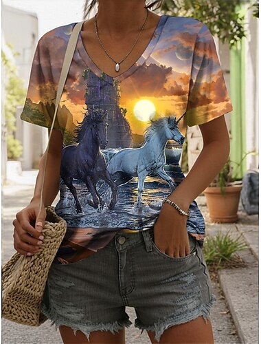  ヴィンセント・ハイによる「夕焼けのユニコーン」レディースTシャツ、グラフィック、動物、風景、スタイリッシュ、カジュアル、半袖、Vネック、レギュラートップス、デイリー、プリント、オレンジ、夏、春
