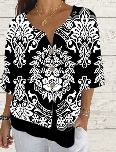  Women's Shirt Summer Tops Graphic Geometric Classic Casual 3/4 Length Sleeve V Neck Regular Tops Daily Weekend Print White / Black Summer Spring Fall
