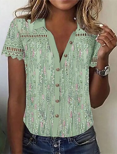  Damen Hemd Florales Grafik Elegant Lässig Kurzarm V-Ausschnitt Reguläre Oberteile Täglich Urlaub Patchwork Knöpfe Druck Pink Blau Lila Grün Sommer Frühling