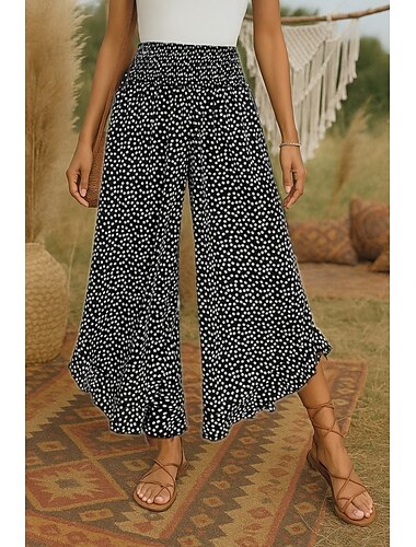  Damen Weites Bein Hosen Hose Böhmische Boho Lang Hohe Taille Tupfen Drucken Elastisches Kordelzugdesign Hoher Schnitt Atmungsaktivität Weich Mikroelastisch Urlaub Ferien Alltagstauglich Schwarz Sommer
