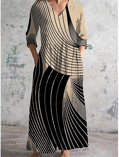  Damen Langes Kleid Maxikleid Freizeitkleid Sommerkleid Boho-Kleid Mode Urlaub Täglich Wochenende Normale Passform Geometrisch Langarm V Ausschnitt Schwarz Khaki Aprikose Sommer