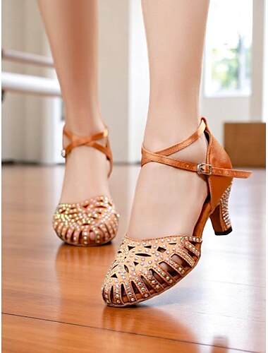  Damen-Tanzschuhe mit brauner Strass-Zehe und geschlossener Spitze – glitzernde Latein- und Standardschuhe mit mittlerem Absatz für Training und Bühne