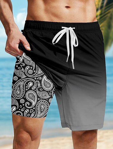  Herren Paisley-Muster Farbverlauf Ethnisch Gefütterte Shorts 2 in 1 Badeshorts Badeshorts Mittlere Taille Hawaiianisch Ferien Strandbekleidung Seitentaschen Mit Kompressionsfutter Elastischer