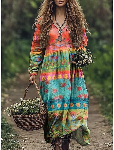  Women's Maxi Dress Sundress Pleated Dress Vacation Casual Boho Going out Beach Standard Fit Floral Graphic Paisley Long Sleeve V Neck Pink Blue Orange Khaki Summer Spring
