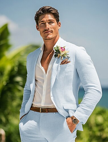  Herren Sommer Hochzeitsanzug aus Leinen weiß himmelblau modisch halbgefüttert leicht einfarbig Standard Passform 2-teilig einreihig mit einem Knopf