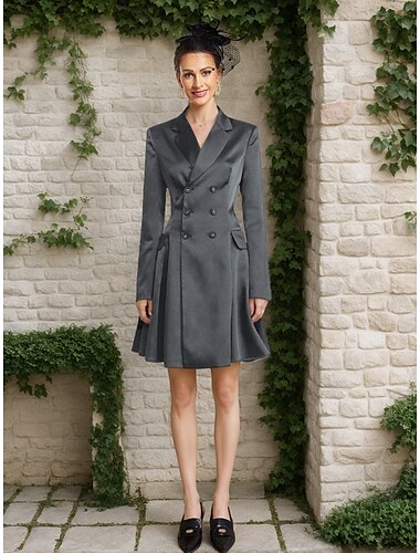  A-Linie Brautmutter Kleid Smoking Kleid Hochzeitsgast Kleid Elegantes Einfach Luxuriöses Blazer Reverskragen Knielang Satin Lange Ärmel mit Falten und Taschen 2025