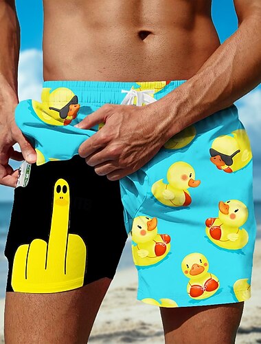  Herren Kleine gelbe Ente Lustig Gefütterte Shorts 2 in 1 Badeshorts Badeshorts Mittlere Taille Hawaiianisch Ferien Strandbekleidung Seitentaschen Mit Kompressionsfutter Elastischer Kordelzug in der