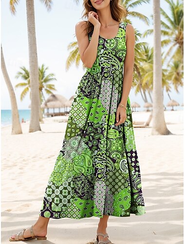  Pentru femei Rochie Maxi Rochie de Vară Rochie A line Rochie Slip Rochie plisata Vacanță Casual Boho Plajă Fit regulat Grafic Epocă Boem Fără manșon În U Scoateți gâtul Roșu-aprins Albastru piscin