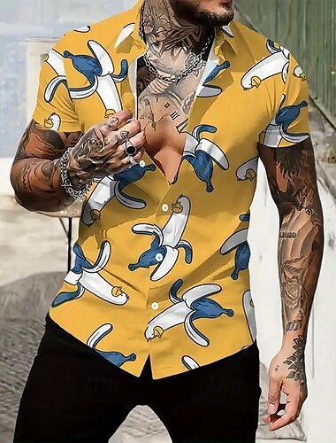  Herren Lustig Banane Ente Hemd Sommer Hawaiihemd Knopfhemd Kurzarm Hawaiianisch Resort Urlaub Ferien Strandbekleidung Sommer Frühling Umlegekragen 3D-Druck Hemden mit Kragen Gelb
