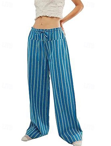  Mujer pantalones Pantalones Casual Longitud total Cintura Media A Rayas Bolsillo Diseño de cordón elástico Confortable Al Aire Libre Cómodo Noche Fin de semana Durazno Azul pavo real PEC Negro Verano