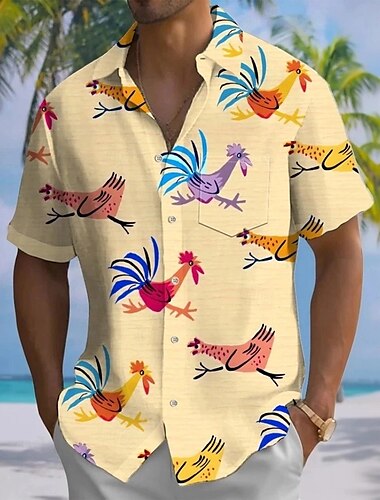  Herren Tiermotiv Hahn Lustig Hemd Sommer Hawaiihemd Knopfhemd Kurzarm Hawaiianisch Urlaub Ferien Strandbekleidung Sommer Frühling Umlegekragen 3D-Druck Hemden mit Kragen Eine Tasche vorne Gelb