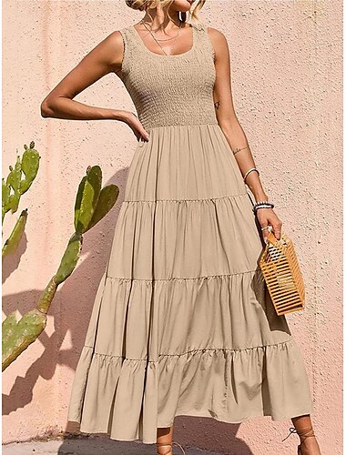  Robe maxi femme Robe d'été Couleur unie Décontractée Ajustement régulier Graphique Sans manches Col en U Noir Blanc Vert Kaki Été
