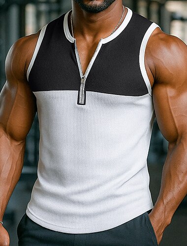  Per uomo Canotta a nido d'ape Canotta Maglia Henley Maglietta smanicata Senza Maniche Girocollo Mezza zip Estate Blocco di colori Moda Designer Muscolo Cerniera All'aperto Casuale Sportivo Nero Blu