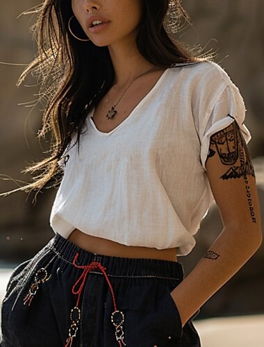  Damen T Shirt Einfach Modern Lässig Kurzarm V Ausschnitt Crop Tops Täglich Wochenende Weiß Sommer