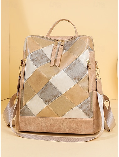  Damen-Retro-Rucksack aus Kunstleder – mehrfarbige Patchwork-Tasche mit wandelbaren Trägern, lässiger Bohème-Stil für den Weg zur Arbeit oder Wochenendausflüge