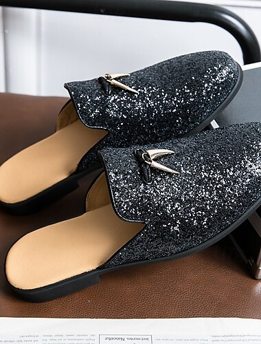  Herren-Pantoletten mit silberner Glitzerquaste – funkelnde Ball- und Performance-Schuhe ohne Fersenriemen für Abendveranstaltungen