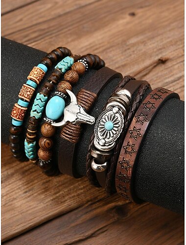  Heren leren kralen western armband bezet met turquoise stenen, koeienschedel ontwerp, boho stijl voor casual en outdoor gebruik