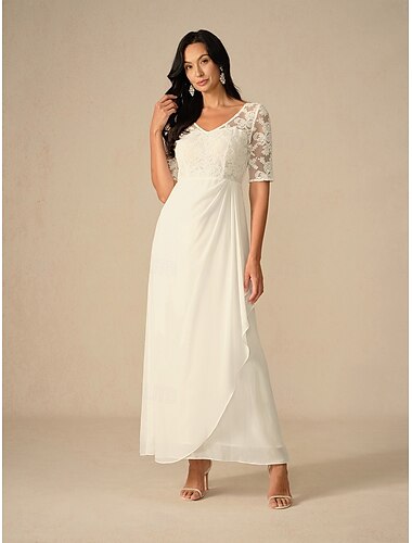  Damen Maxikleid Weißes Kleid Chiffonkleid Elegant Hochzeit Verlobung Normale Passform Einfach Kurzarm V Ausschnitt Weiß Sommer Frühling Herbst Winter