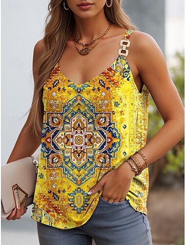 Damen Camisole-Tanktop Grafik Geometrisch Lässig Ärmellos Träger Normale Oberteile Täglich Rückenfrei Patchwork Druck Gelb Rote Orange Sommer Frühling